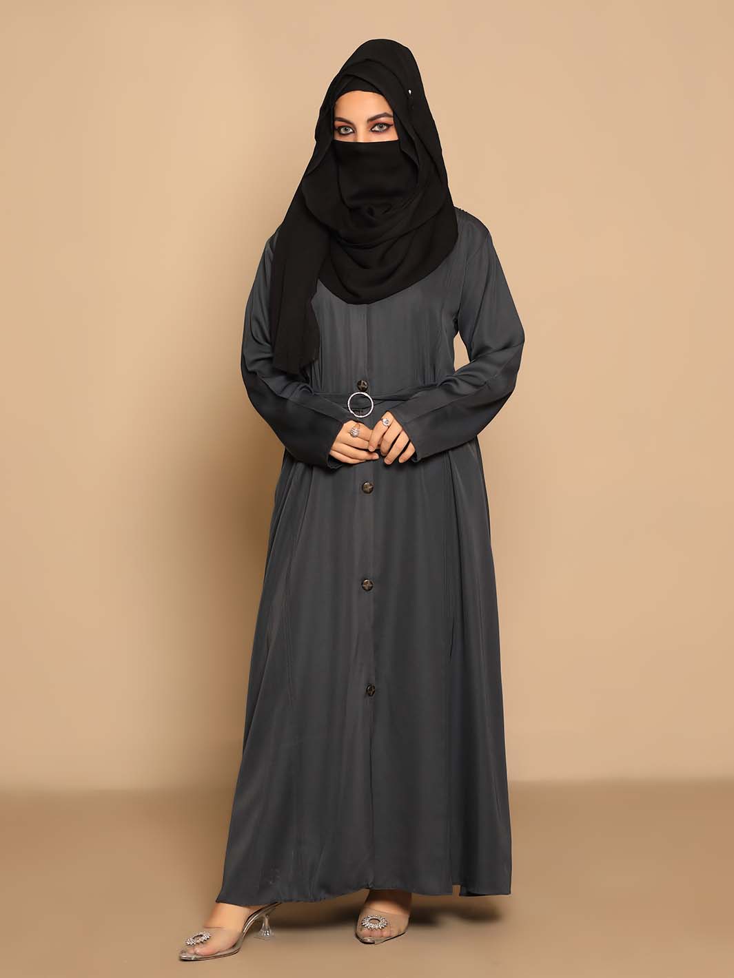 Plain Zinc Color Abaya with Belt & Buttons