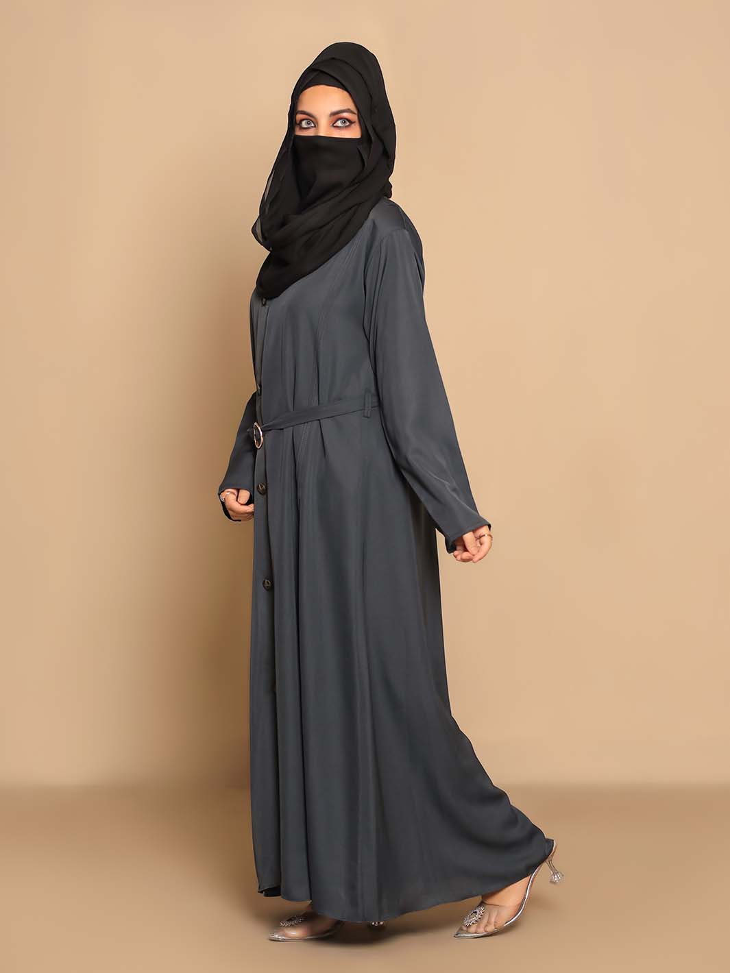 Plain Zinc Color Abaya with Belt & Buttons