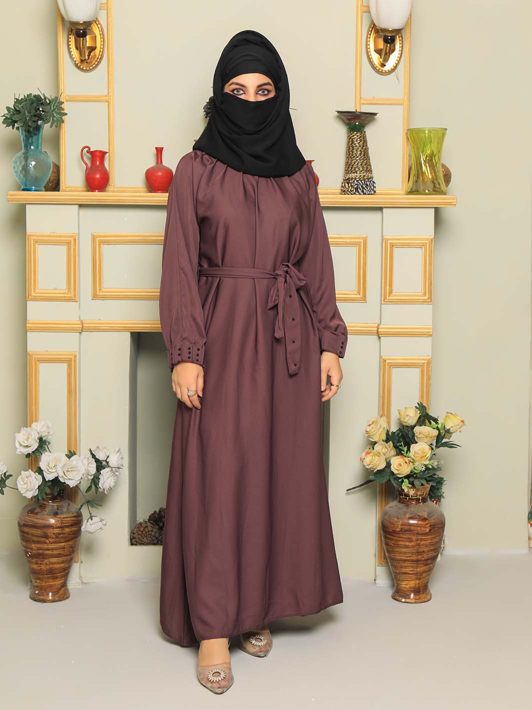 Plain dusty pink rose clour abaya with belt   Silk febrics