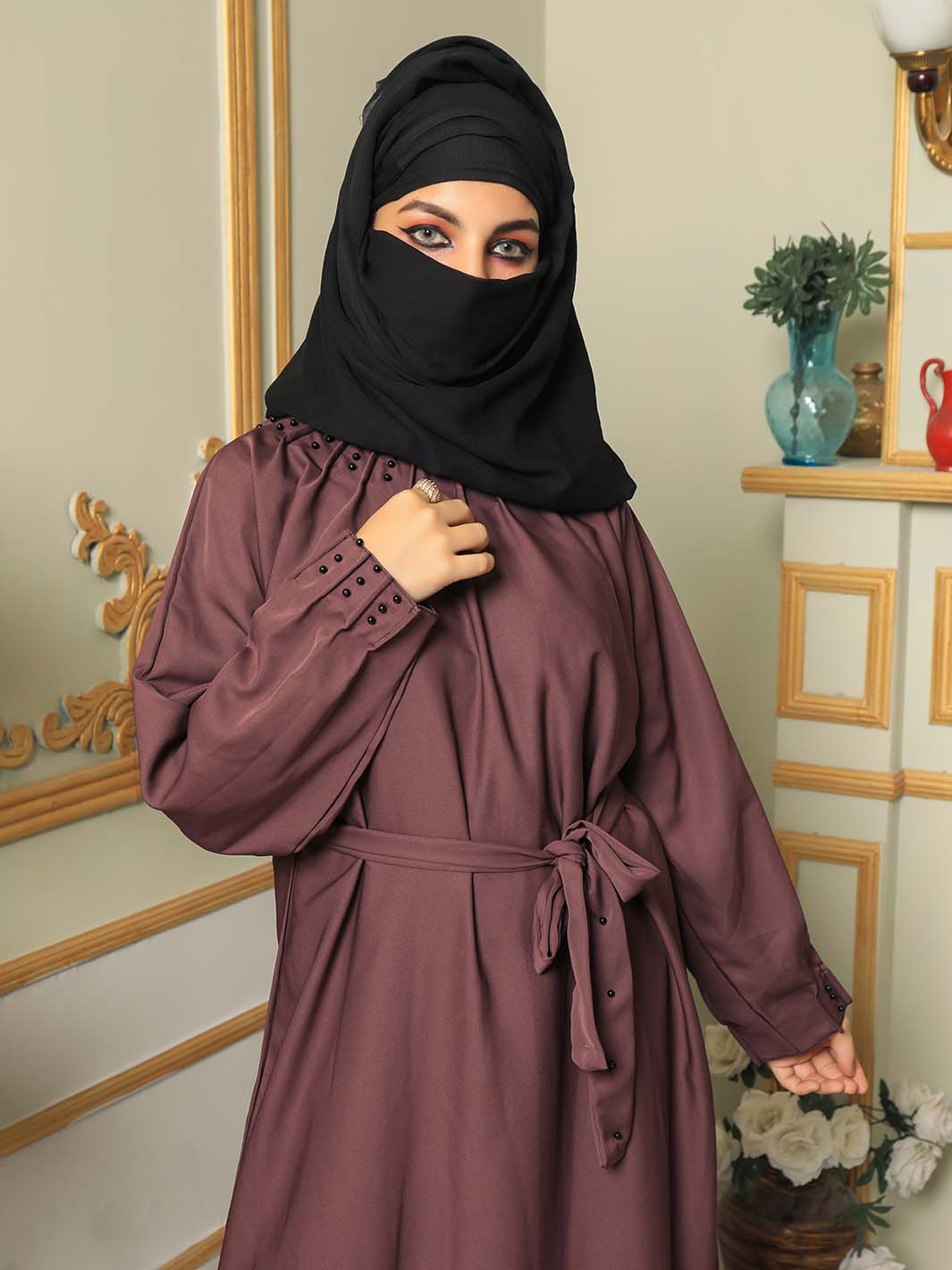 Plain dusty pink rose clour abaya with belt   Silk febrics