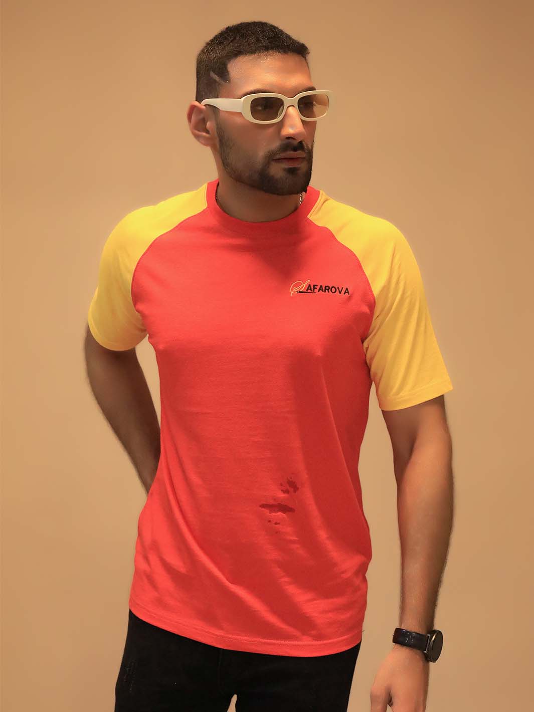 Red & Yellow Crew Neck Raglan Short Sleeve Men's T-Shirt