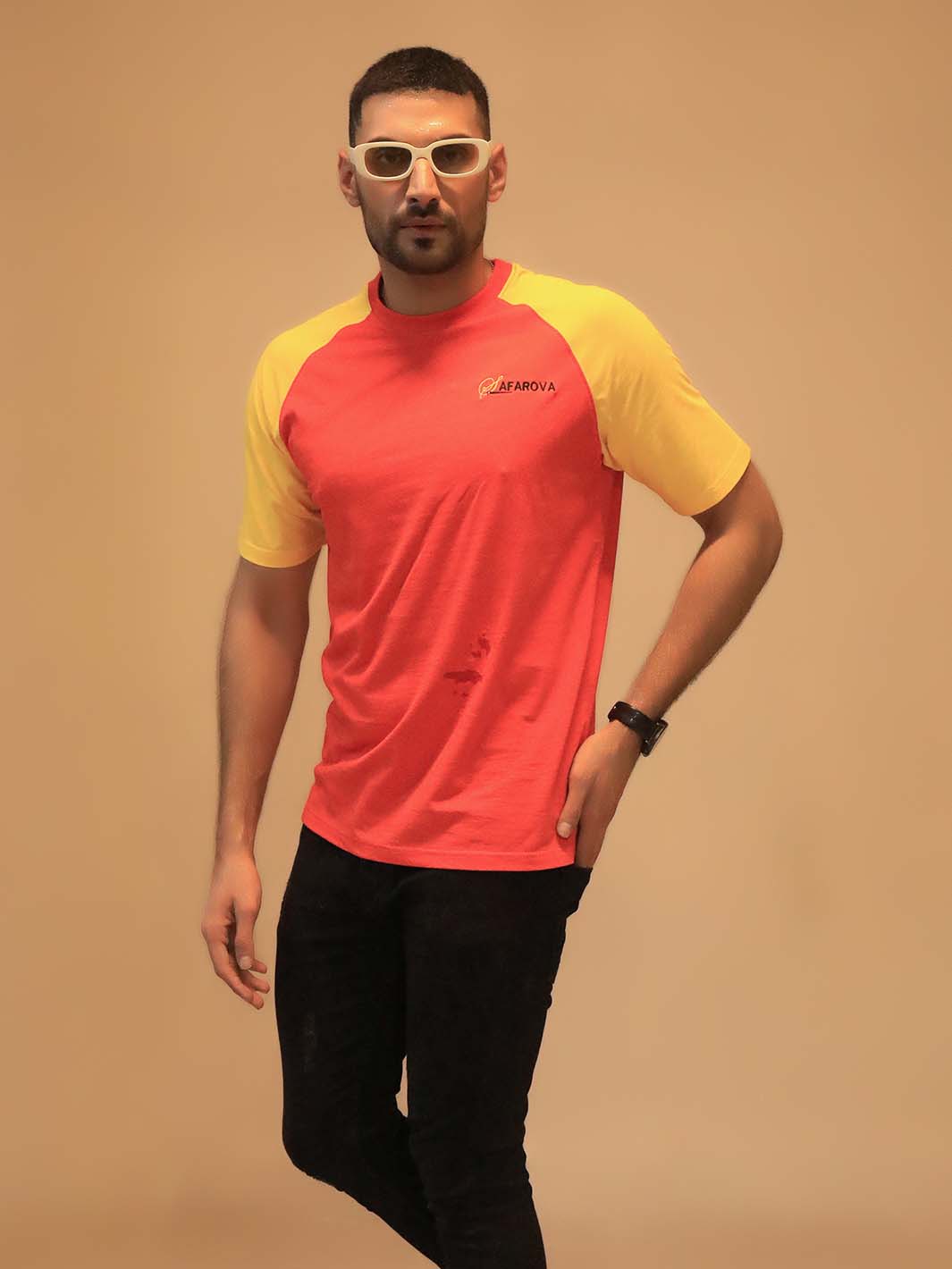 Red & Yellow Crew Neck Raglan Short Sleeve Men's T-Shirt