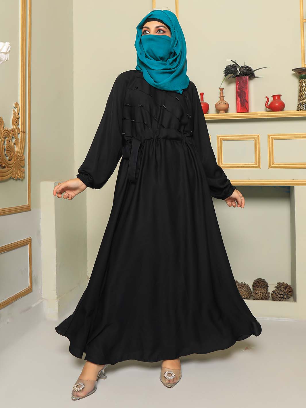 Beautiful New Designer Black Abaya With Belt & stone work