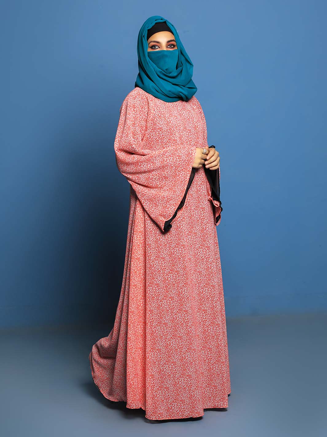 Coral Ditsy Floral Flared Sleeve abaya silk fabrics