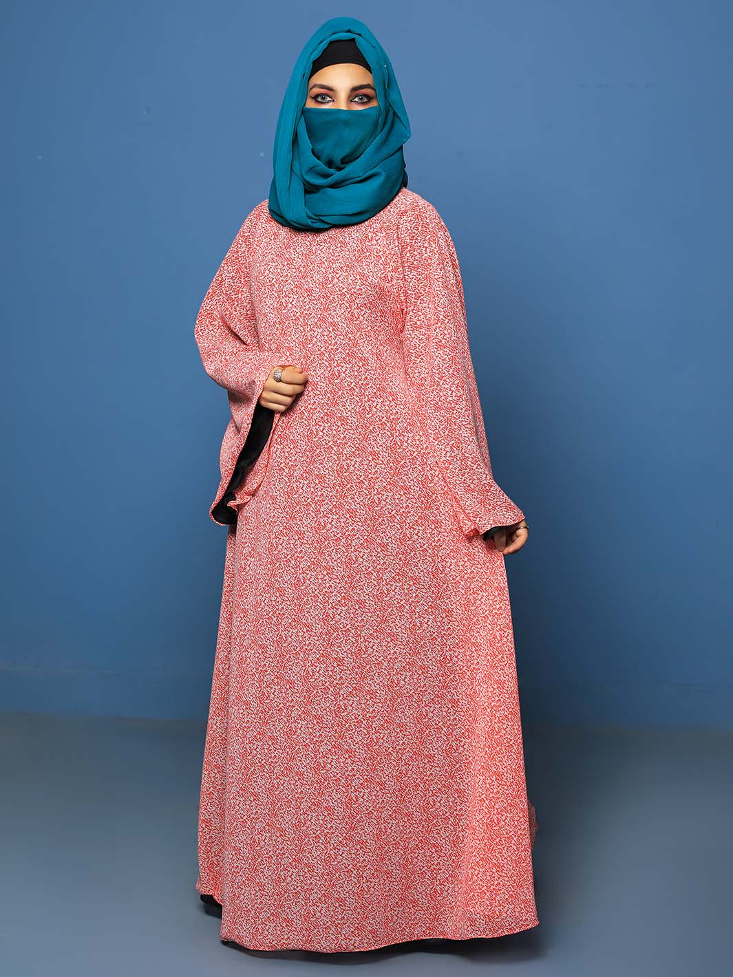 Coral Ditsy Floral Flared Sleeve abaya silk fabrics