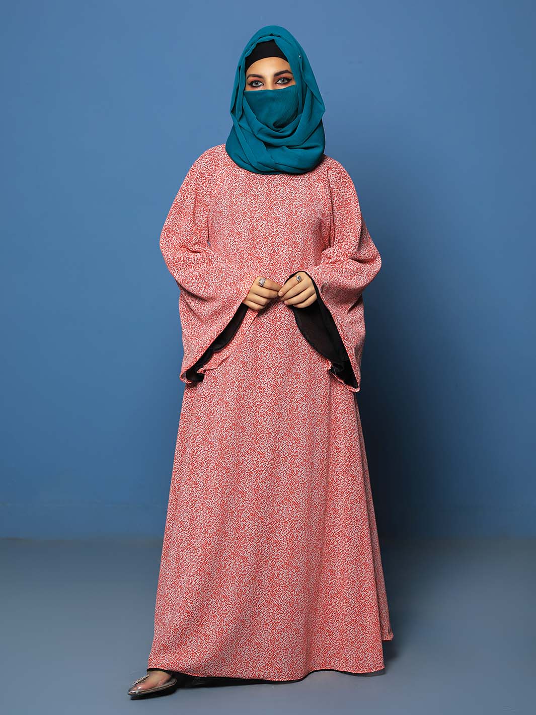 Coral Ditsy Floral Flared Sleeve abaya silk fabrics