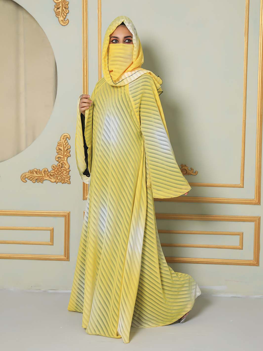 Muslim Women Yellow And White Abaya Flare Sleeve With Self Printing