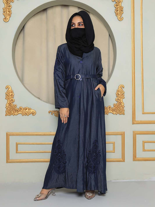 Embroidered Women's Full Sleeve Coat Collar Abaya with Belt