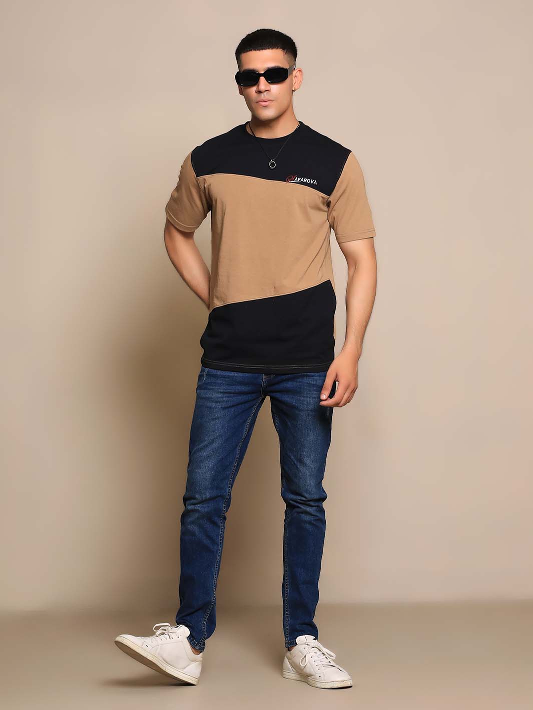 Camel & Black Crew Neck Short Sleeve Designer Men's T-Shirt