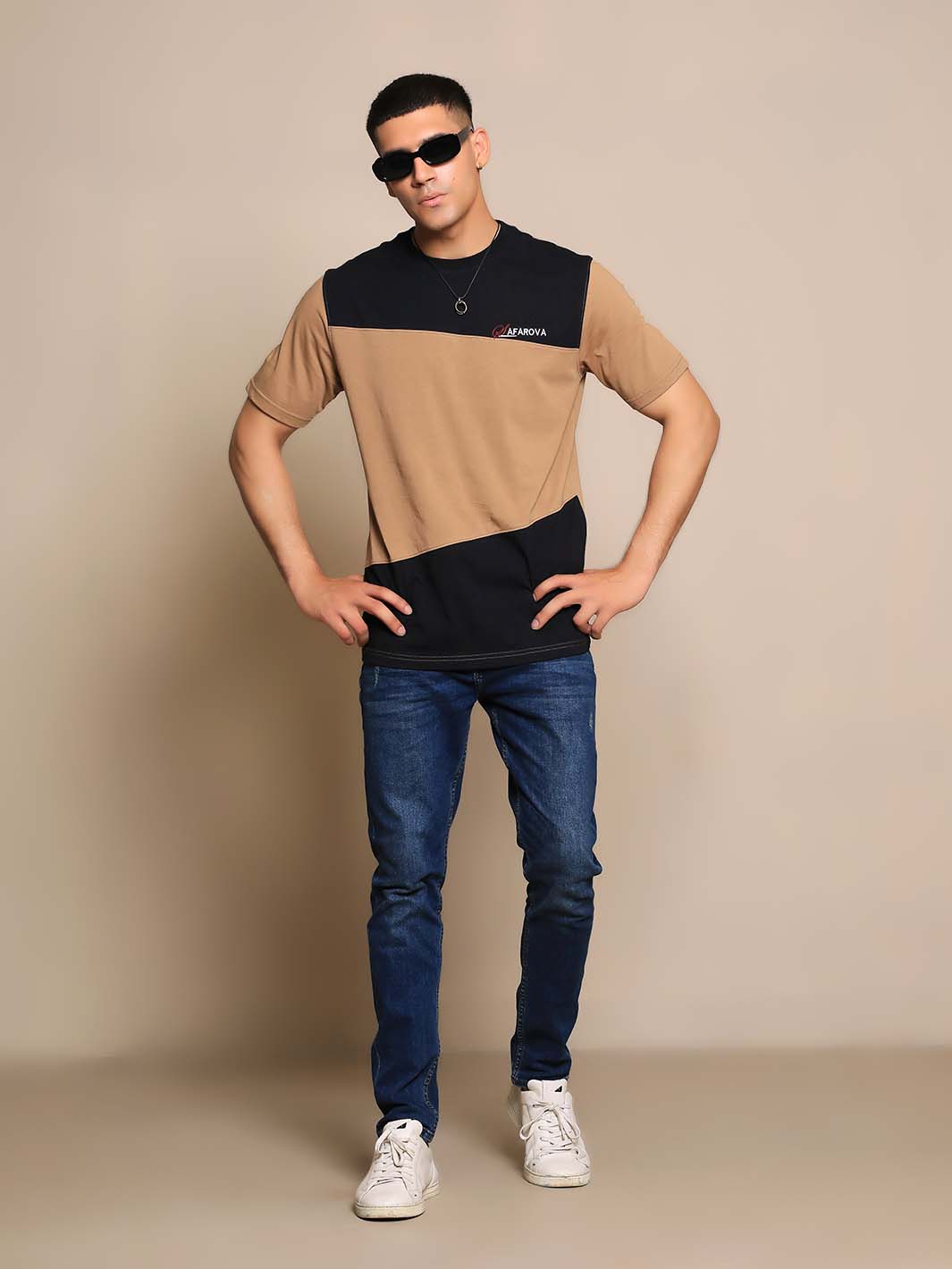 Camel & Black Crew Neck Short Sleeve Designer Men's T-Shirt