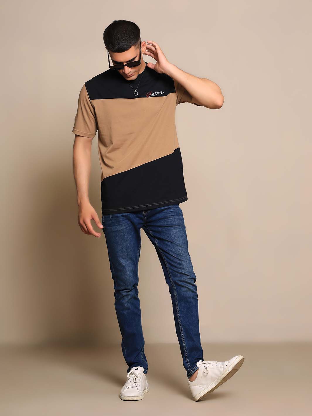 Camel & Black Crew Neck Short Sleeve Designer Men's T-Shirt