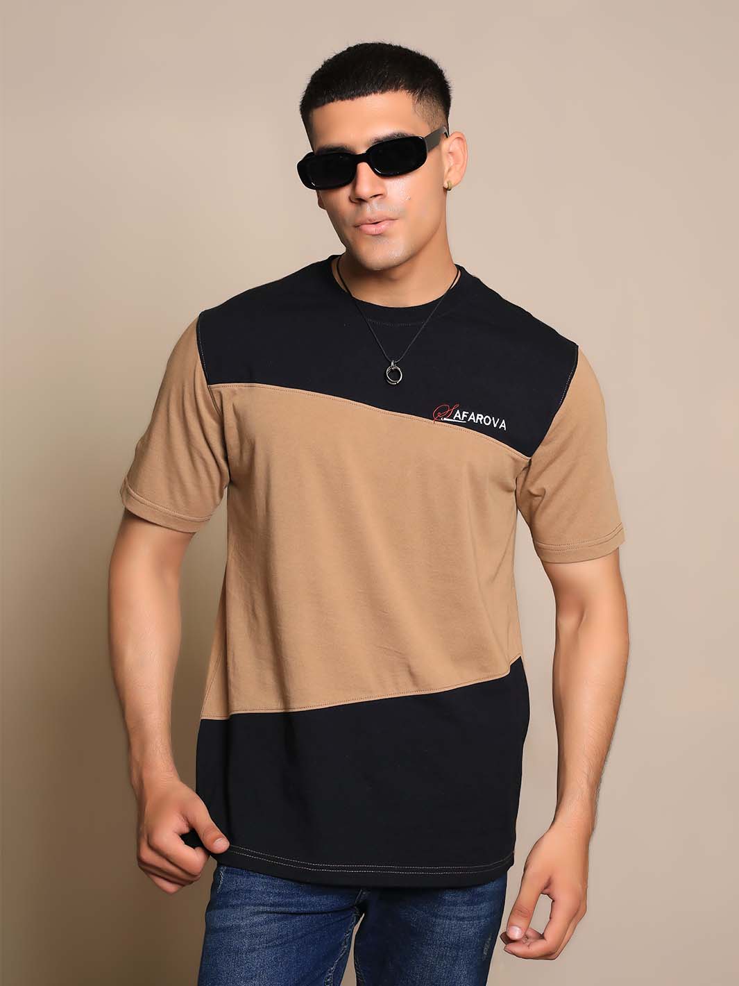 Camel & Black Crew Neck Short Sleeve Designer Men's T-Shirt