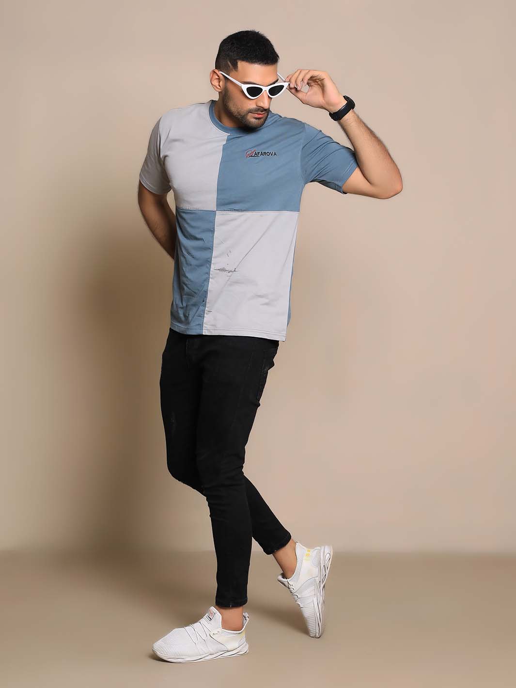 Light Gray & Teal Crew Neck Short Sleeve Designer Men's T-Shirt