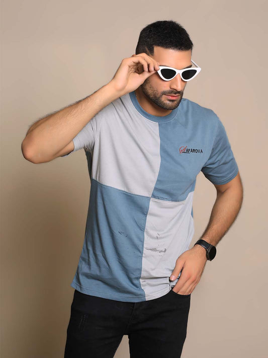 Light Gray & Teal Crew Neck Short Sleeve Designer Men's T-Shirt