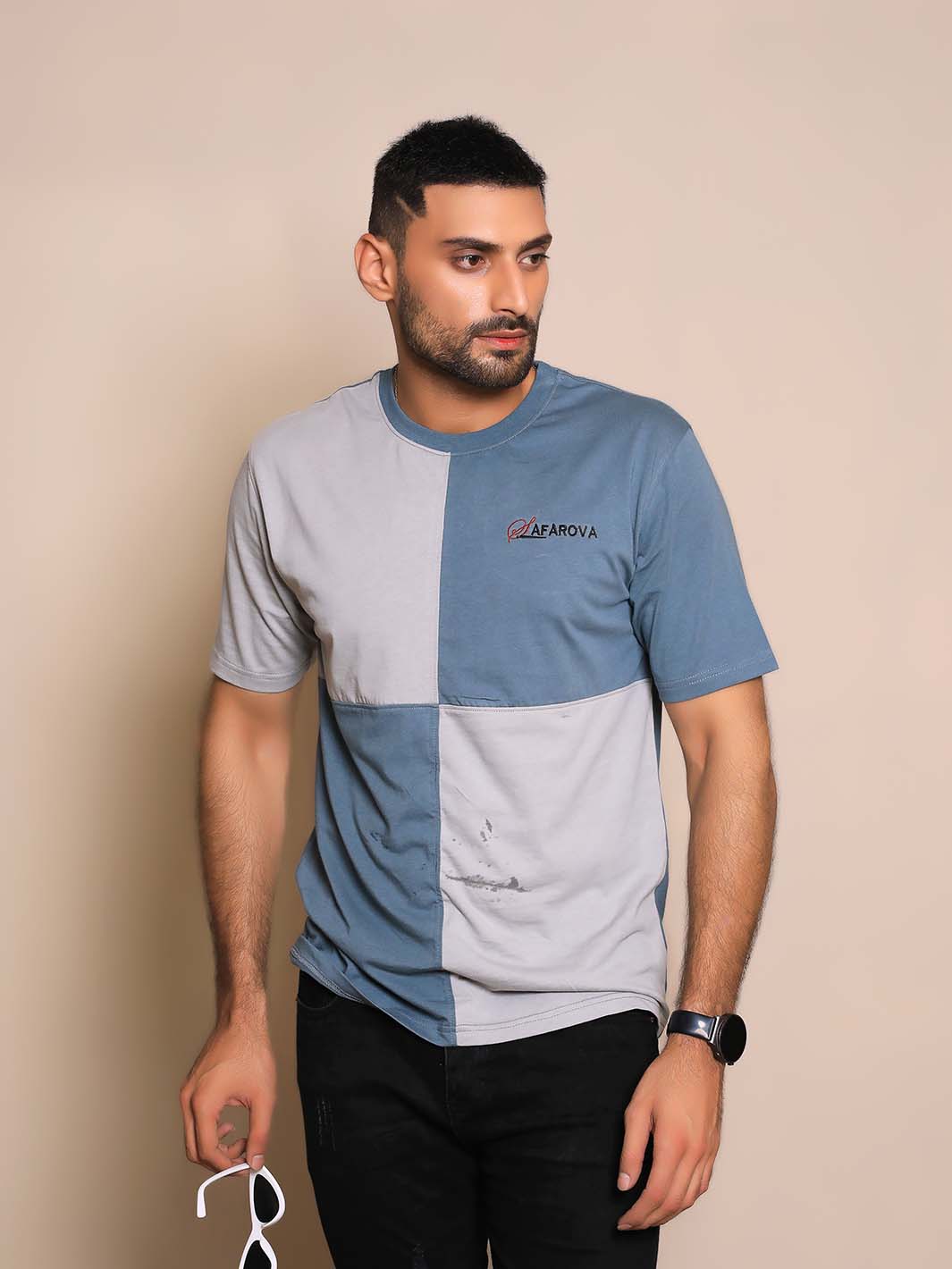 Light Gray & Teal Crew Neck Short Sleeve Designer Men's T-Shirt