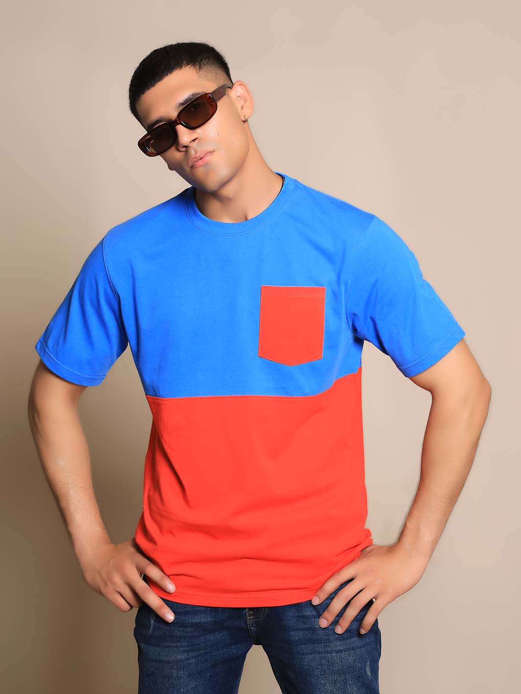 Royal Blue & Red Crew Neck Short Sleeve Men's T-Shirt