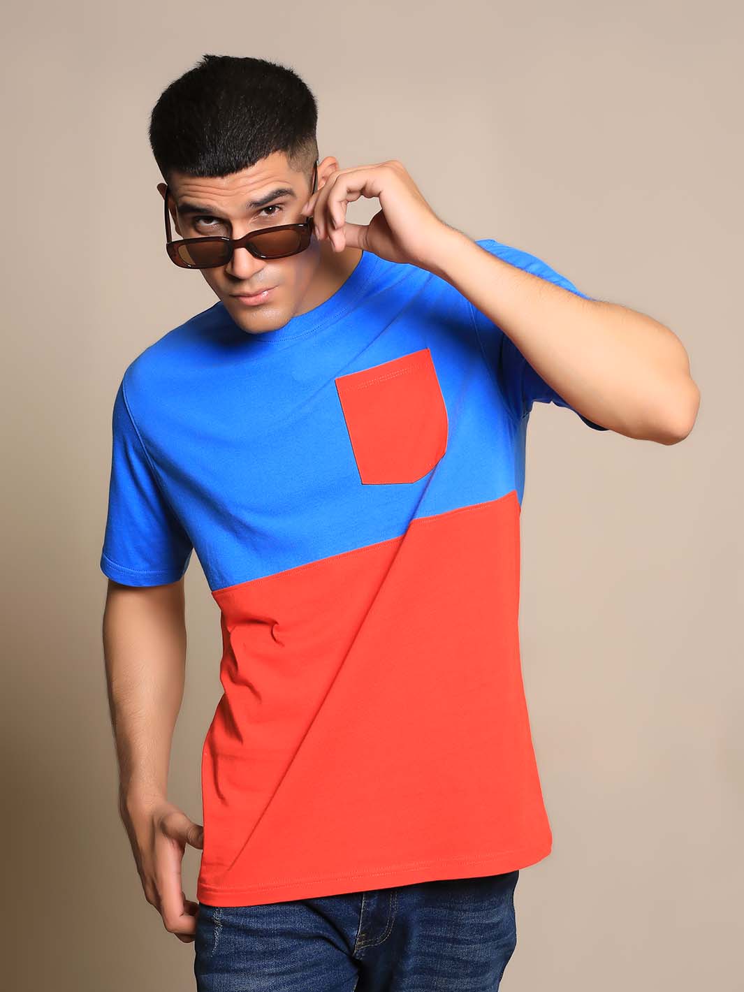 Royal Blue & Red Crew Neck Short Sleeve Men's T-Shirt