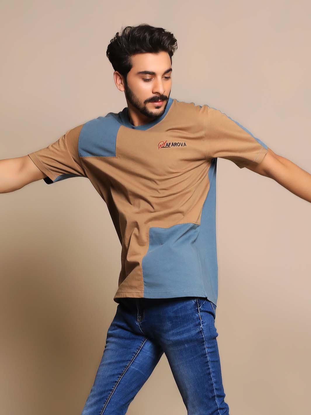 Teal & Camel Crew Neck Short Sleeve Designer Men's T-Shirt