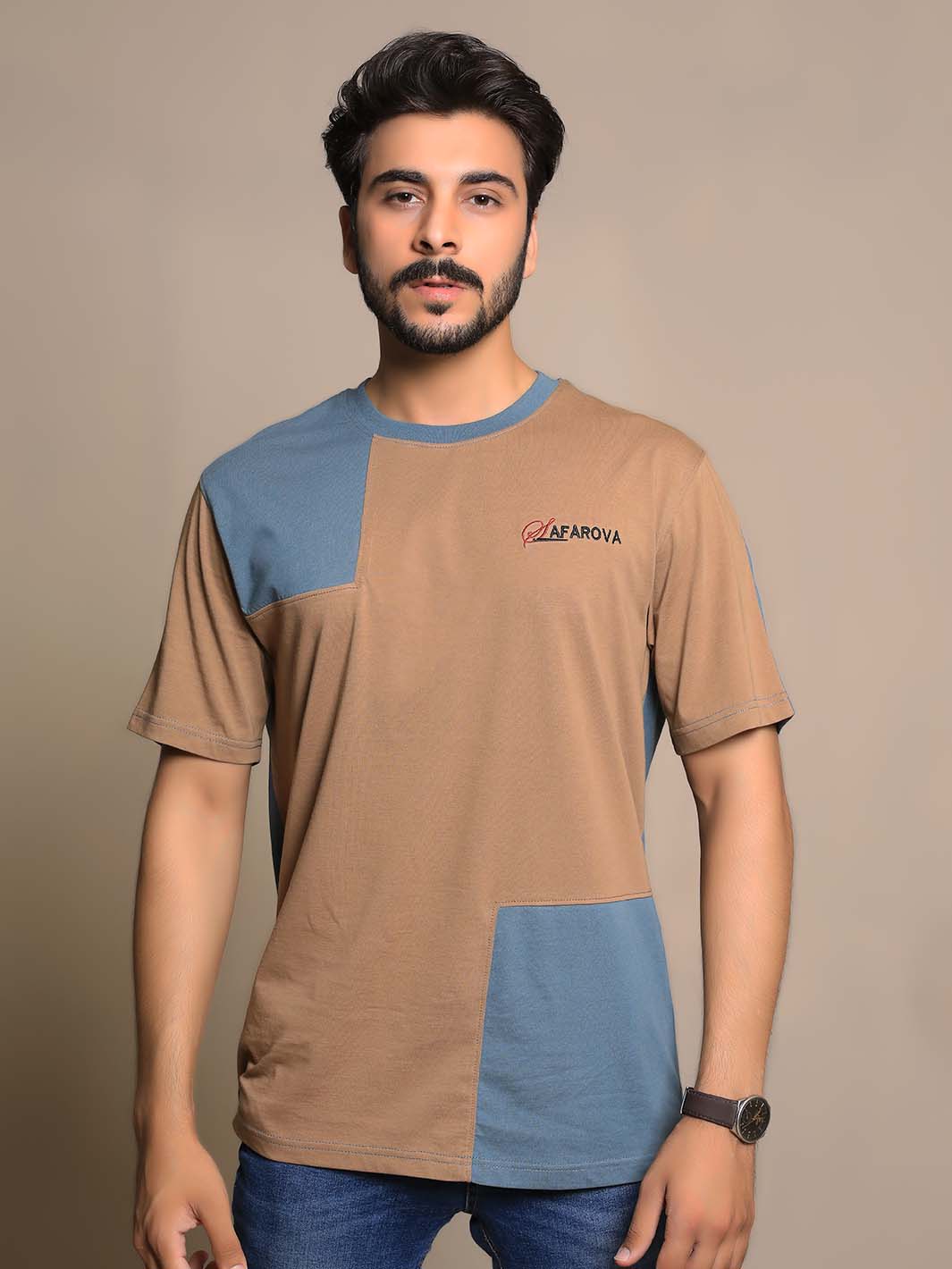 Teal & Camel Crew Neck Short Sleeve Designer Men's T-Shirt