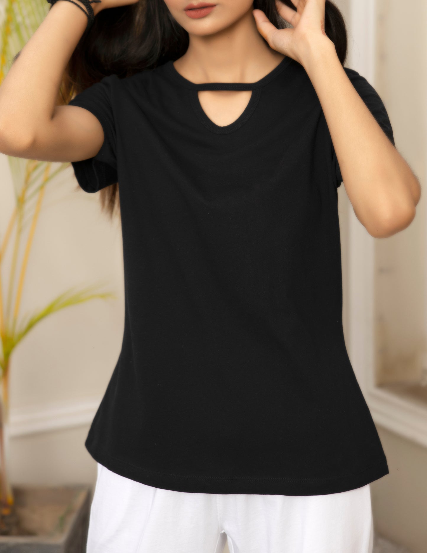 V-Neck Black Hollowed-Out Tee