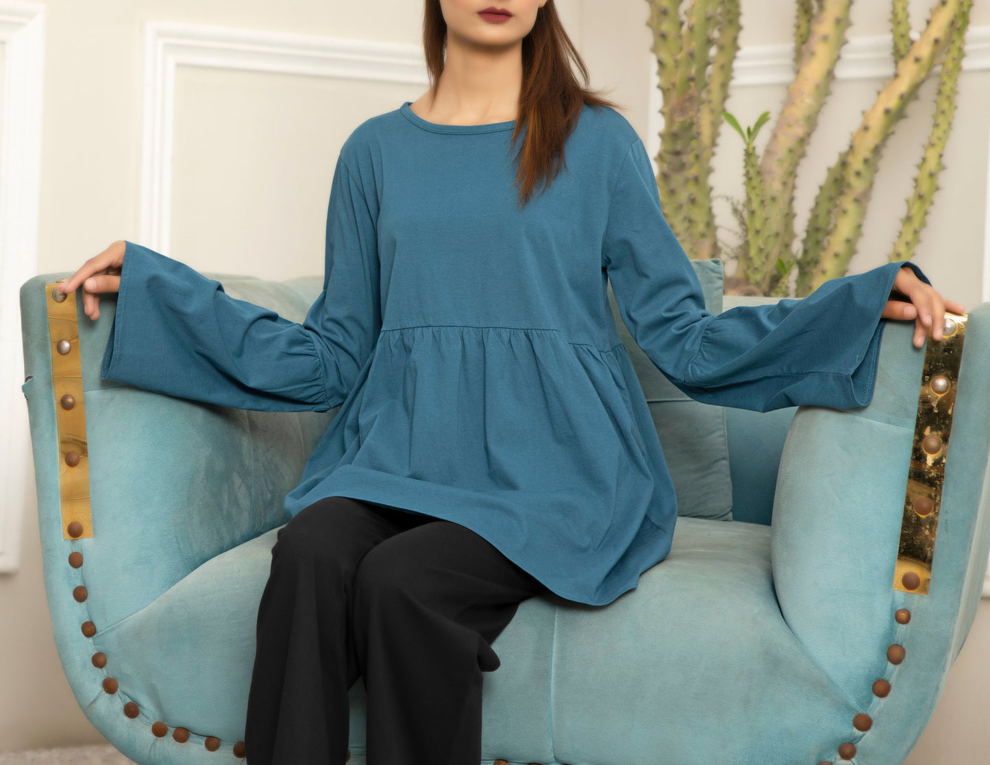 Casual Flared Sleeves Solid Girl Top