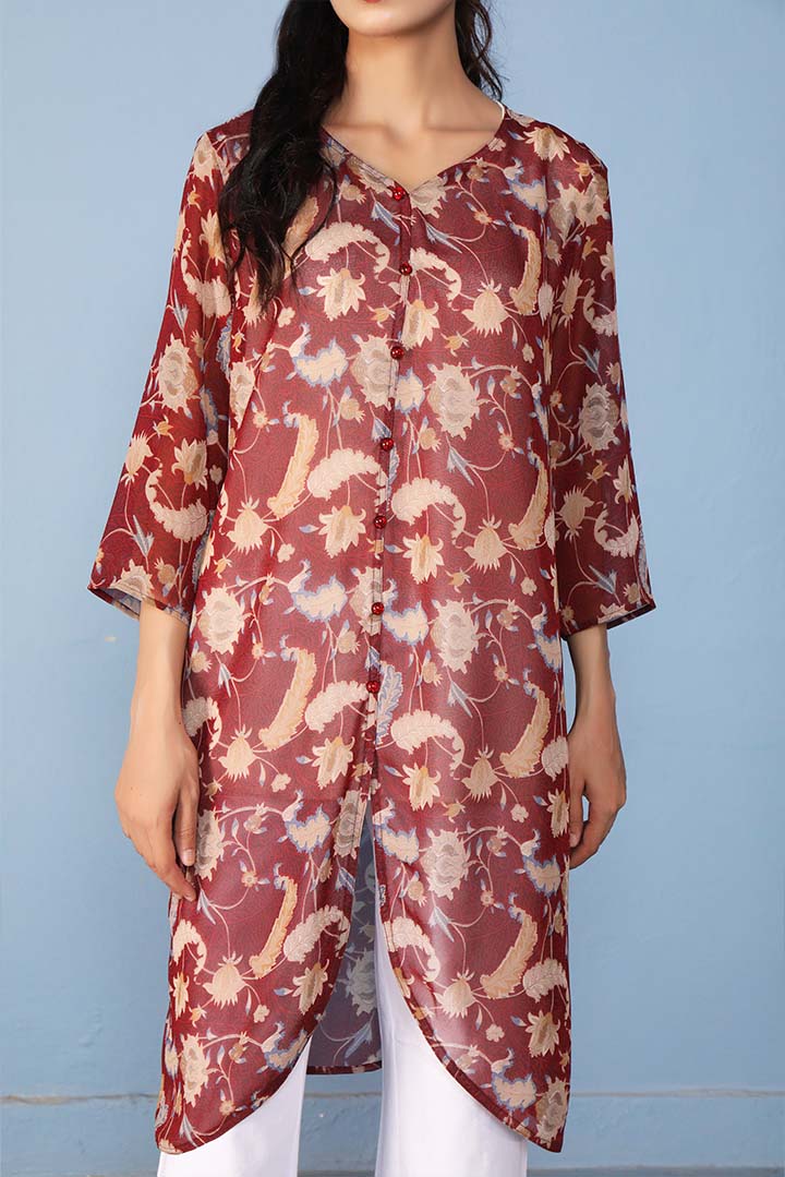 Maroon Printed Chiffon Fashion Top