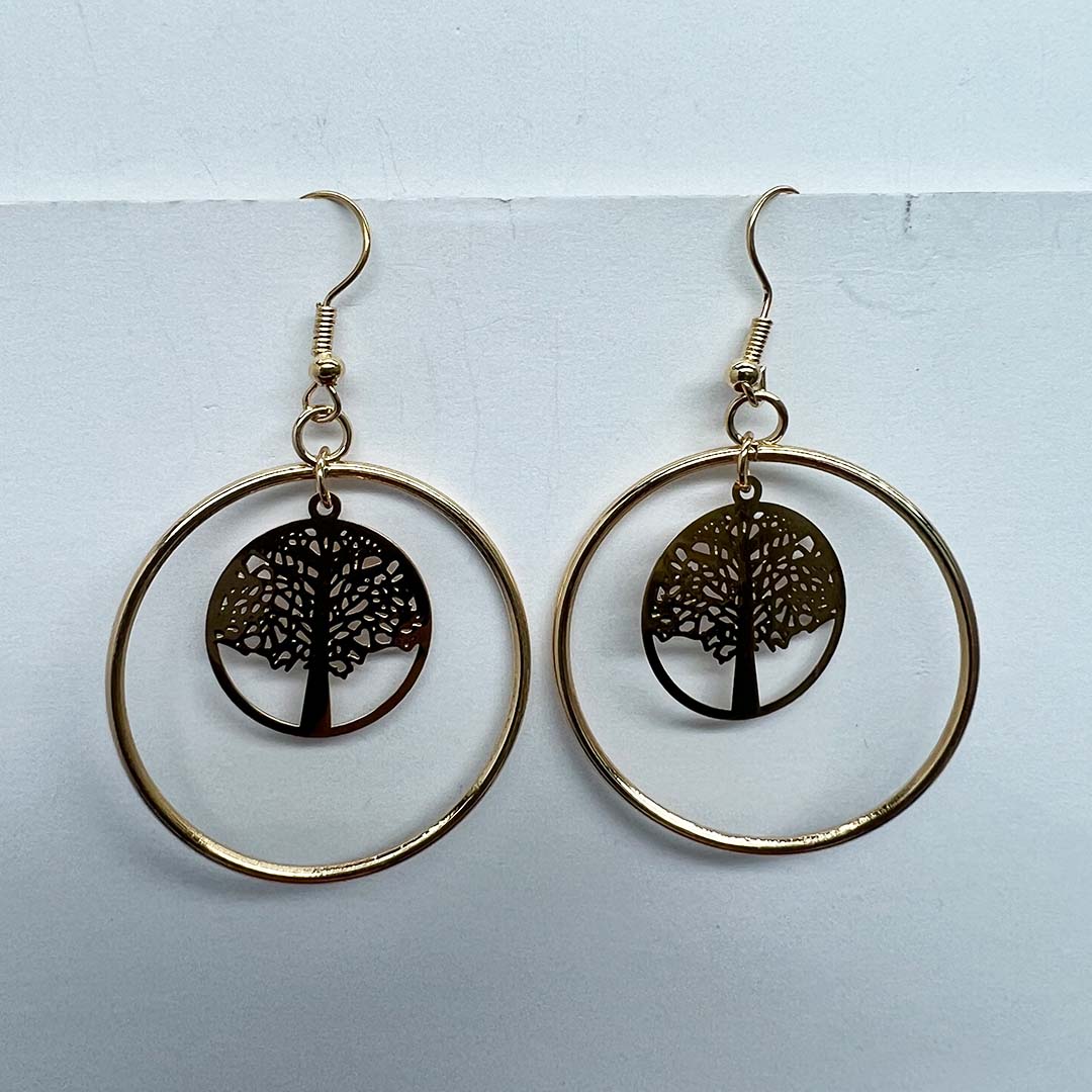 Tree of Life Round Hoop Drop Earrings