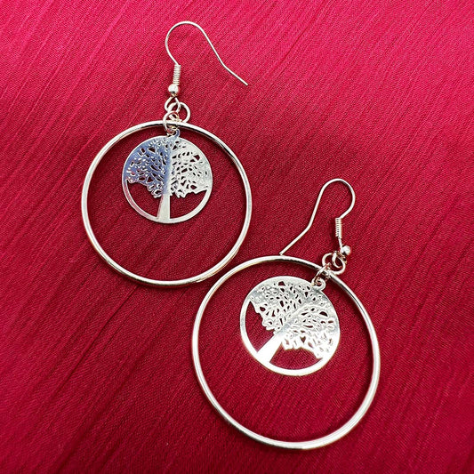 Tree of Life Round Hoop Drop Earrings