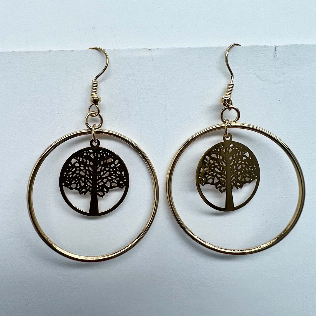 Tree of Life Round Hoop Drop Earrings