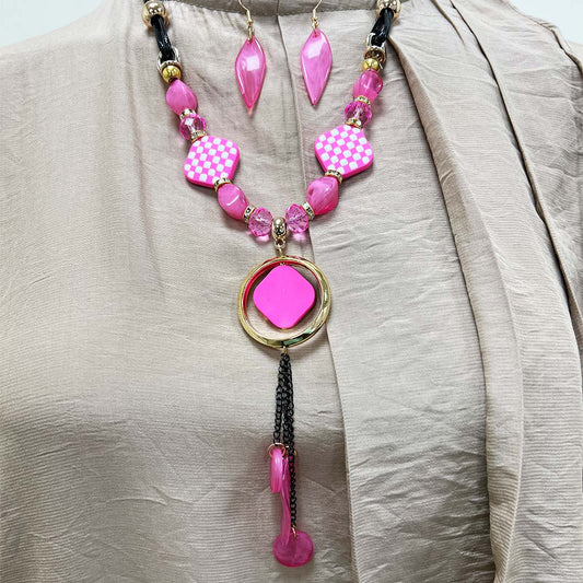 Pink Bed Decor Round Pendant Necklace with matching hanging Earrings