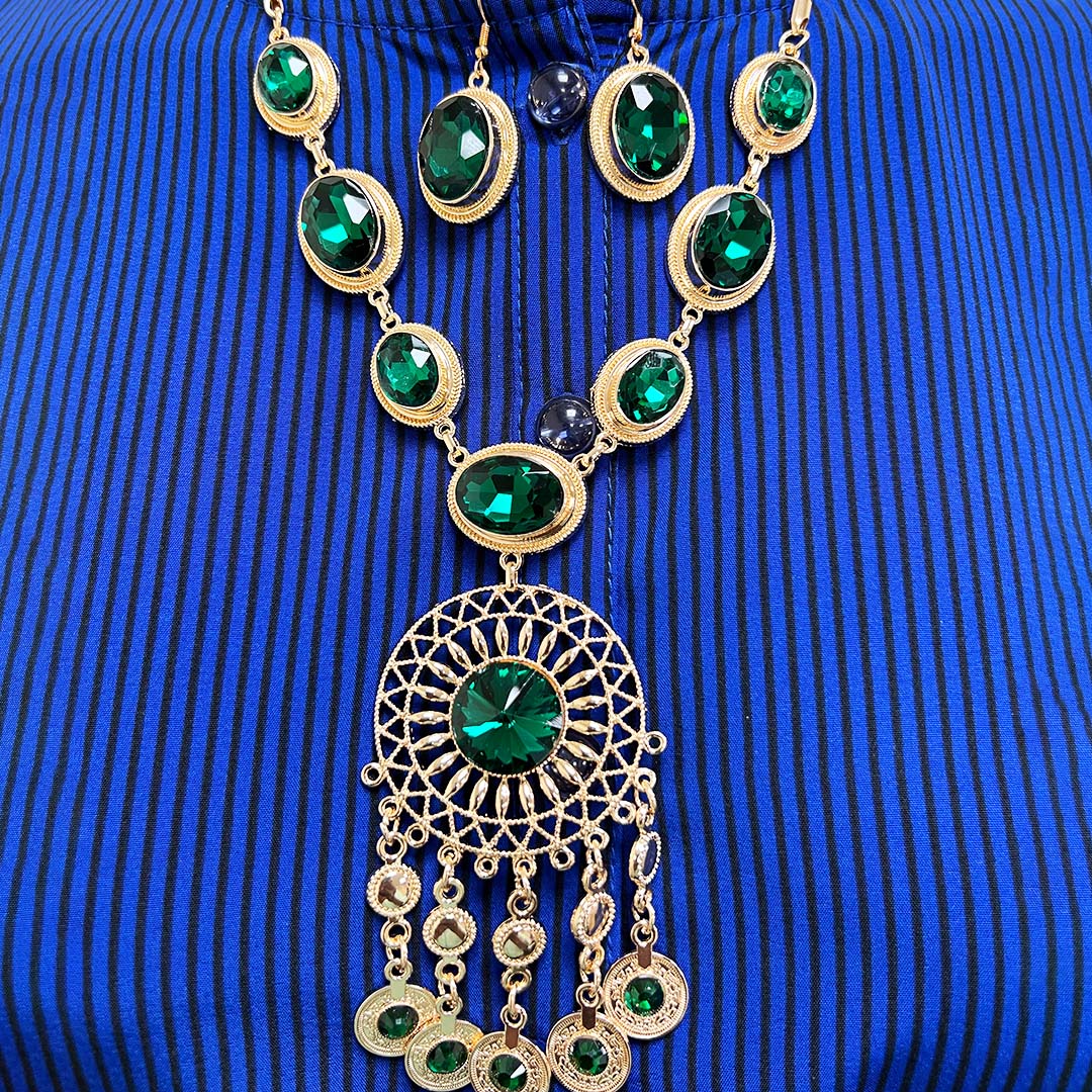 Green Italian Gold Inspired Jewelry Set Pendant Necklace With matching hanging Stud Earrings