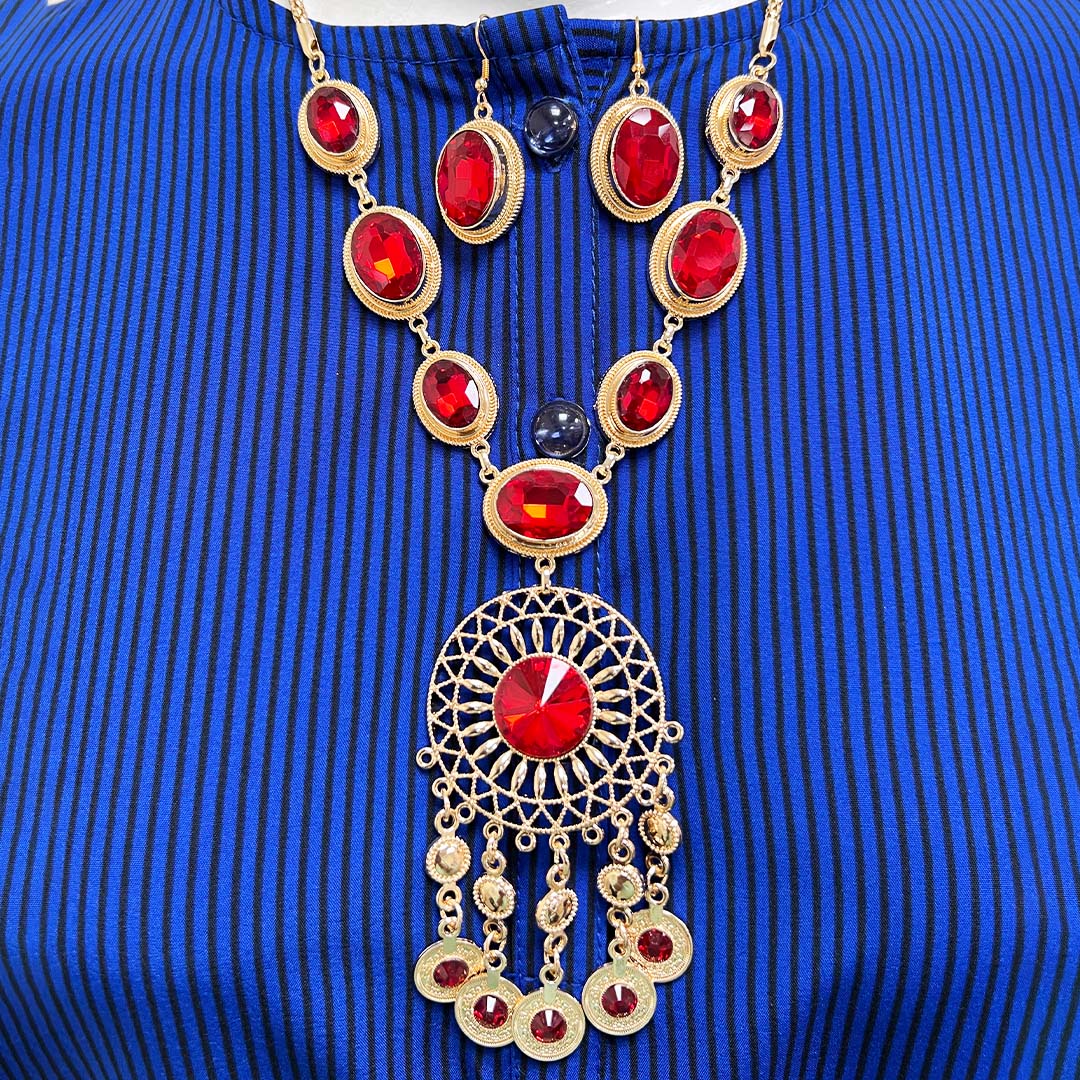 Red Italian Gold Inspired Jewelry Set  Pendant Necklace with matching hanging Stud Earrings